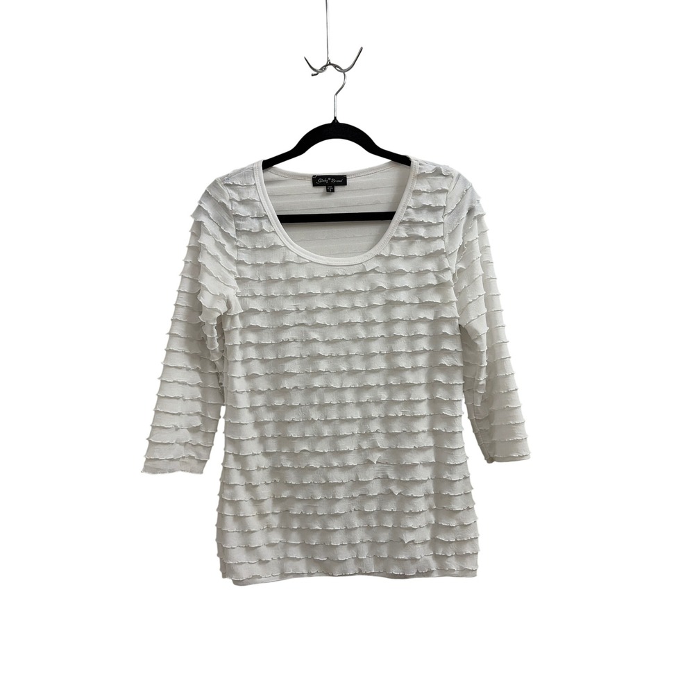 Slinky Brand White Tiered Ruffle Top Scoop Neck 3/4 Sleeve Blouse Small Made USA